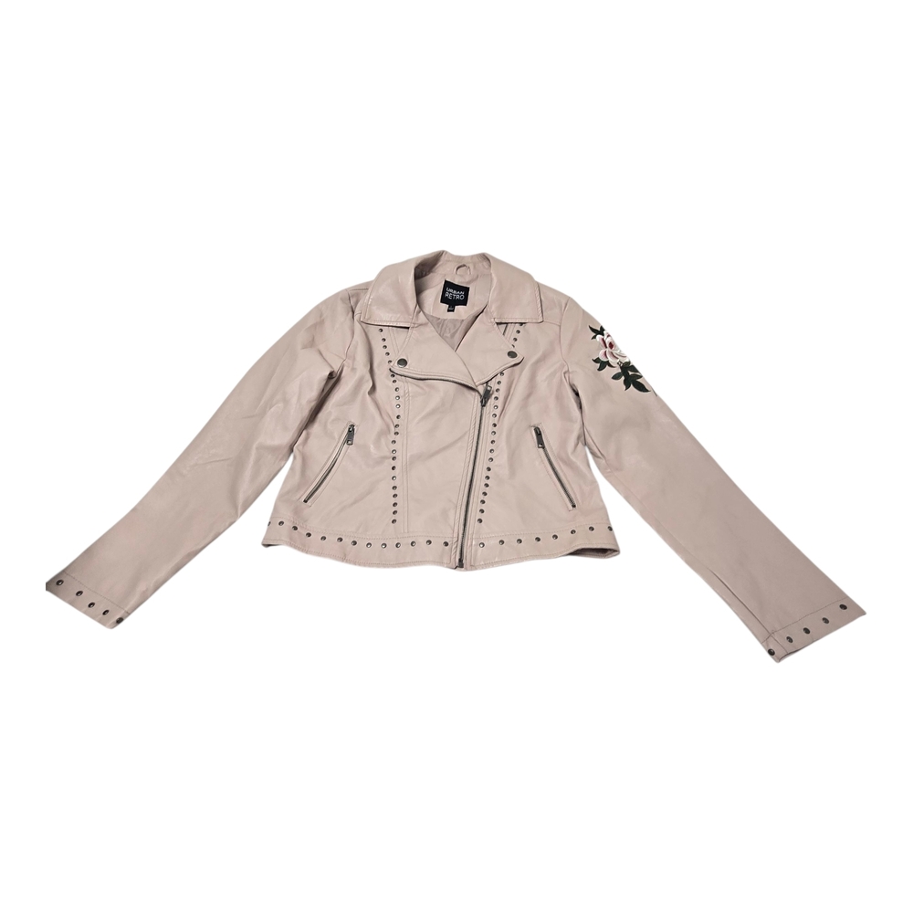 Elegant Women's Cream Leather Jacket with Studded Accents